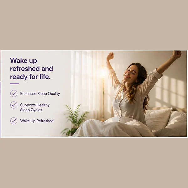 Woman stretching in bed at sunrise, beside ZenSleep’s three stated benefits