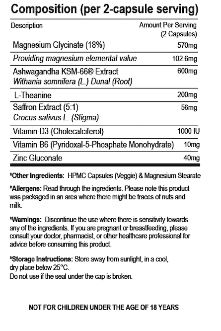 ZenSleep composition panel: every ingredient and its amount per two-capsule serving, with allergen, warning and storage information