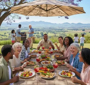 Family gathered for an outdoor barbecue meal