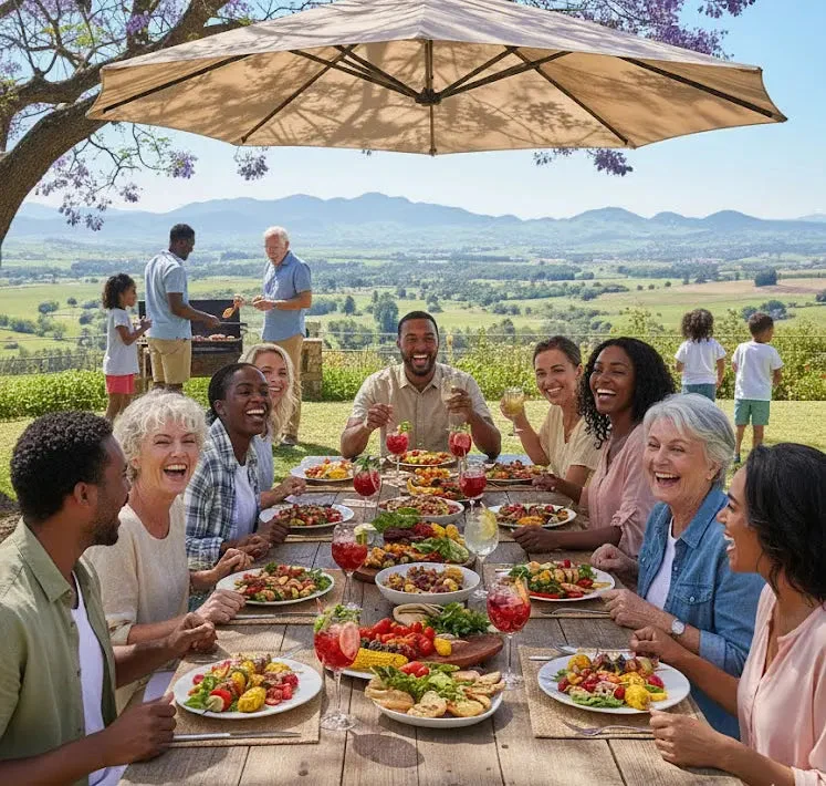 Family gathered for an outdoor barbecue meal