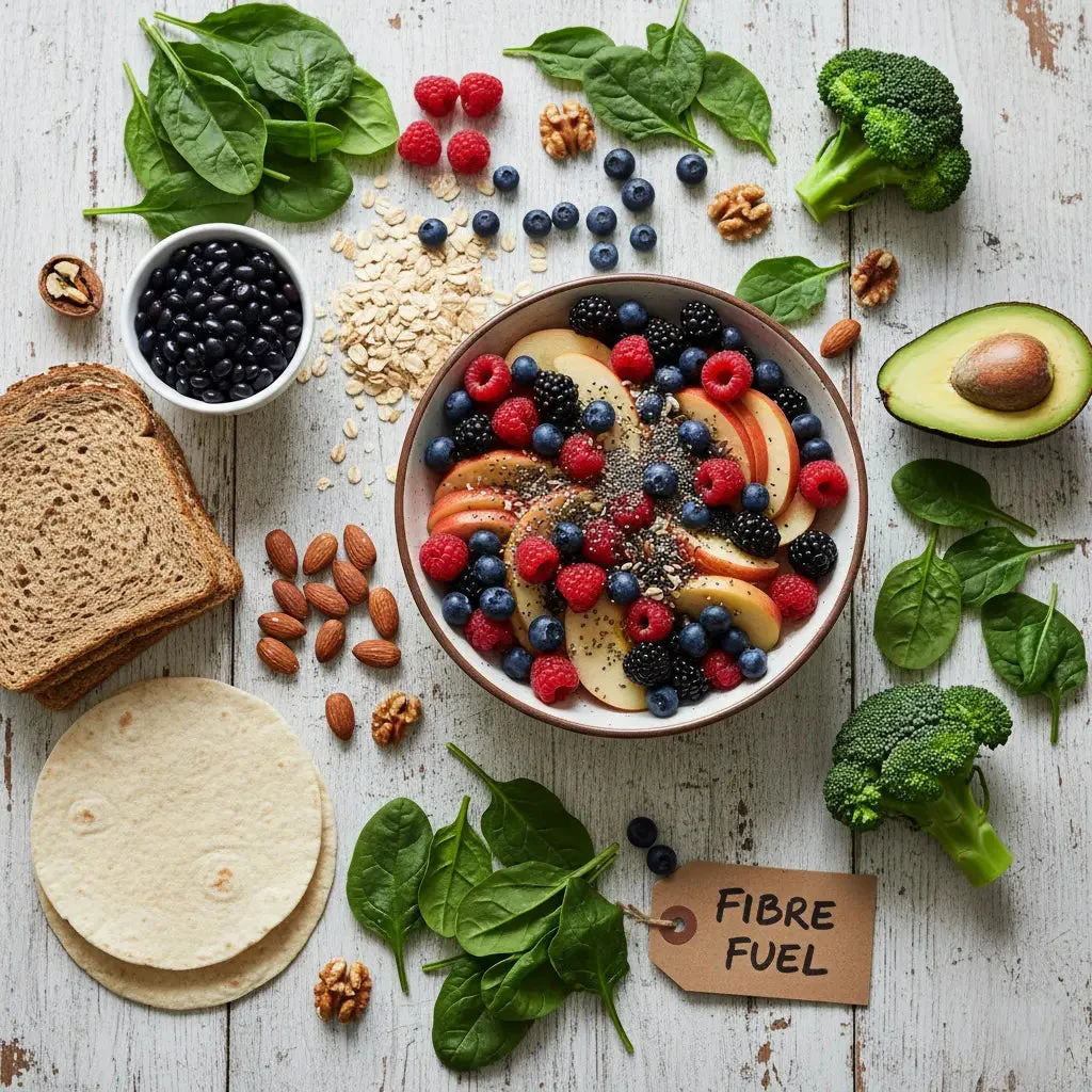 Bowl of fruit and mixed vegetables labelled "Fibre Fuel"