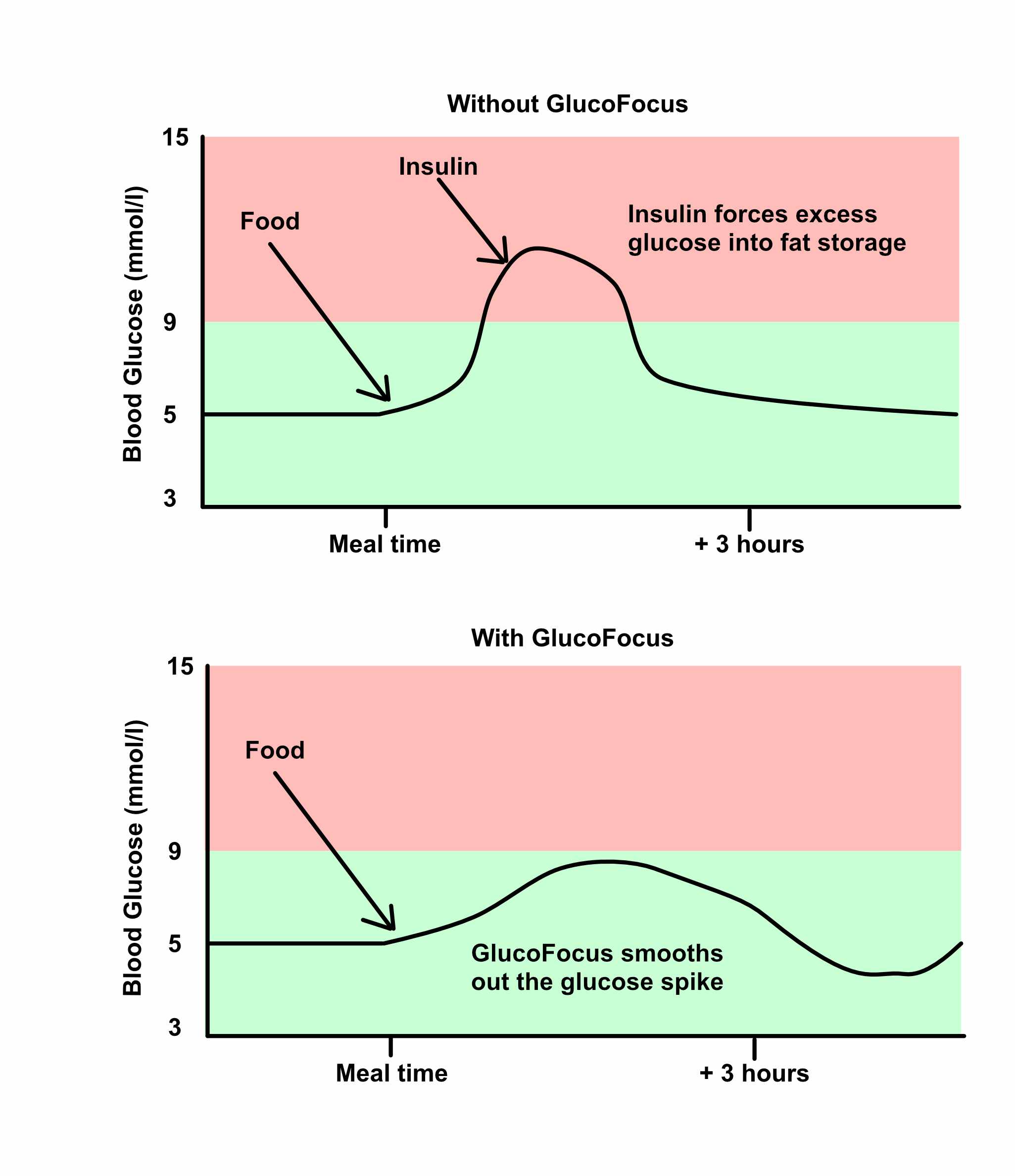 Illustrative comparison of blood glucose after a meal, with and without GlucoFocus