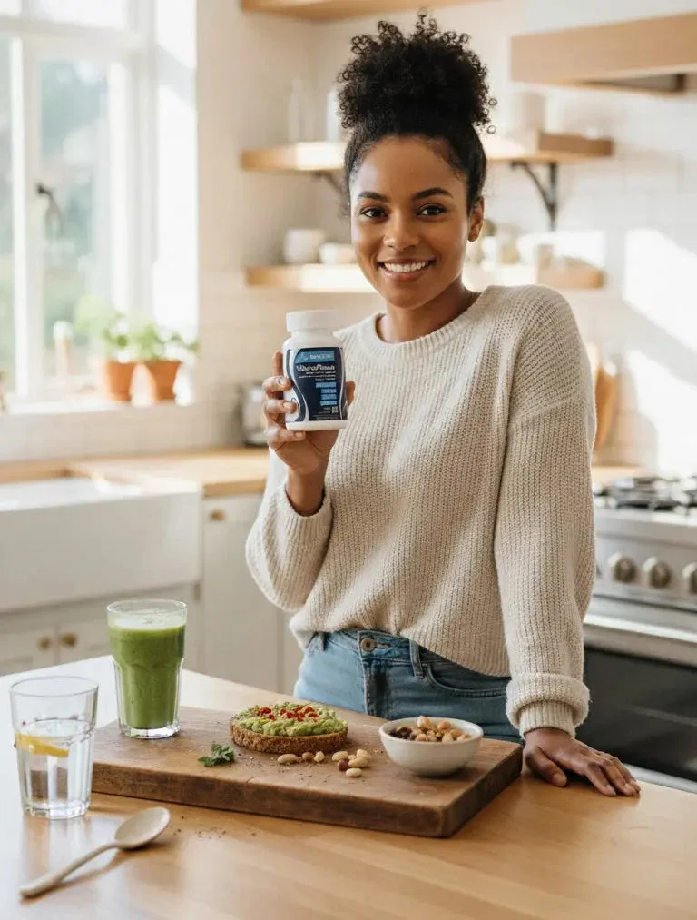 Woman in a kitchen holding a Balance supplement bottle