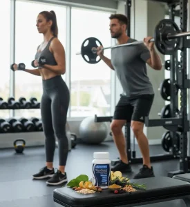 Couple weight training in a gym with a GlucoFocus bottle and ingredients