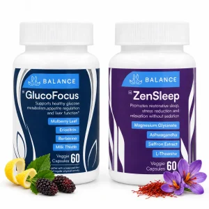GlucoFocus and ZenSleep bottles with mulberries, lemon, mint and saffron